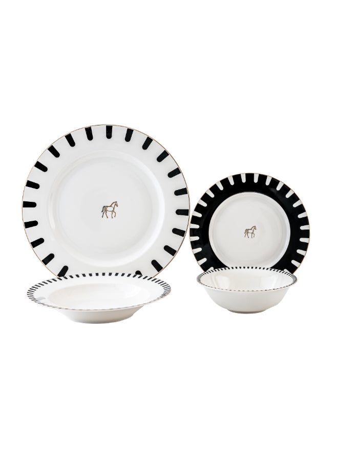 طقم عشاء مستدير بورسلين نيو بون 16 قطعة بتصميم أنيق أبيض وأسود 31 x 21 x 30 سم KR-SIEN